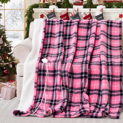 Heated Electric Blanket, Red Christmas Sherpa Plaid Throw Blanket