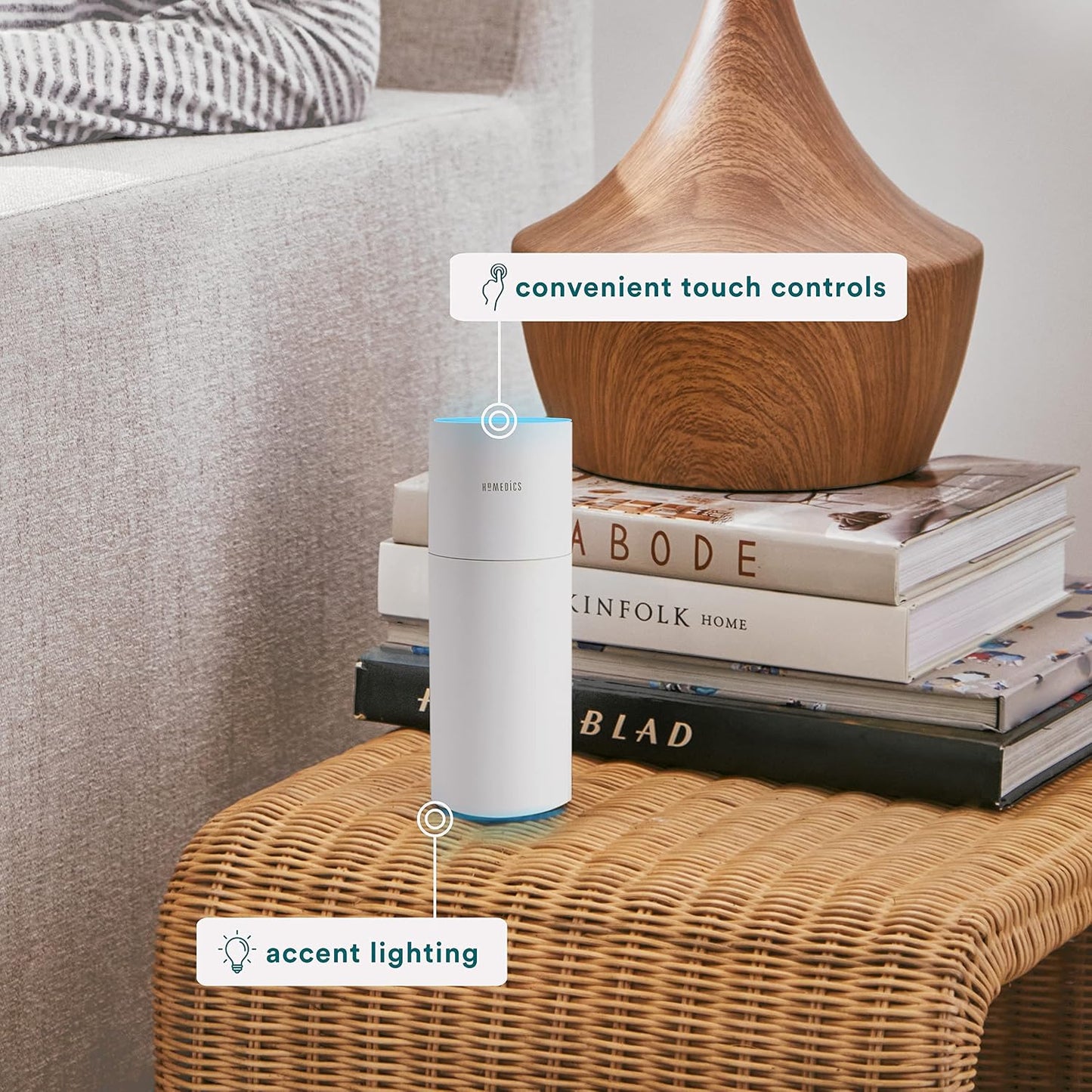Homedics Portable Humidifier - Small Air Humidifiers for Bedroom, Plants, Office, Travel - Cool Mist Humidifiers, Color-Changing Accent Light, 2 Mist Settings, Matte Black