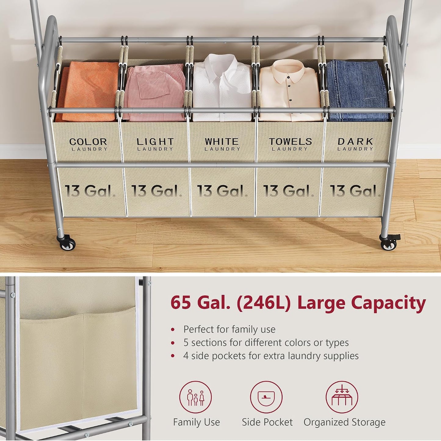 Laundry Cart with Hanging Rack, 65 Gal. Large Laundry Hamper, Beige | Rolling Laundry Cart with Hanging Bar with Removable Bag and Lockable Wheels, Separator Hamper Cart for Bedroom, Bathroom