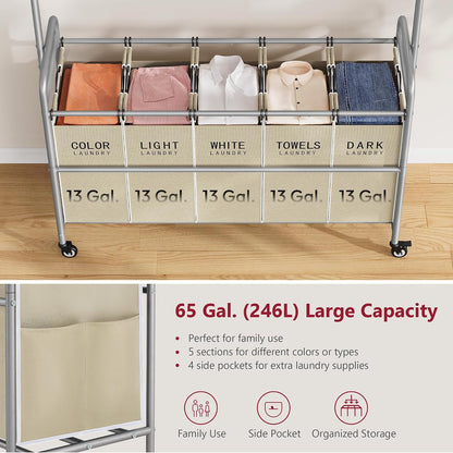 Laundry Cart with Hanging Rack, 65 Gal. Large Laundry Hamper, Beige | Rolling Laundry Cart with Hanging Bar with Removable Bag and Lockable Wheels, Separator Hamper Cart for Bedroom, Bathroom