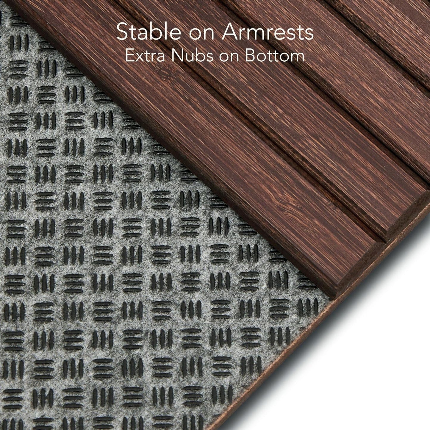 Detor Couch Cup Holder Tray with Super Anti-Slip Pad, Large 4.5" x 4.5" Organizer, Brown-Stained Bamboo Finish, Enhanced Non-Slip Felt Base, Durable Bamboo Slats, Fits Armrests 5.5" and Wider