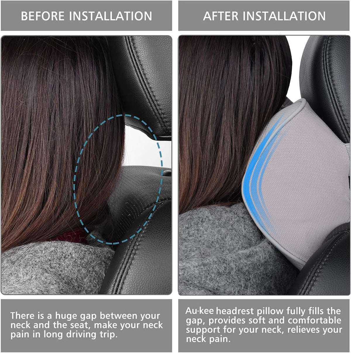 Aukee Car Headrest Pillow Memory Foam Car Neck Pillow with Adjustable Strap Soft Leather Headrest for Driving Home Office Black (1PC)