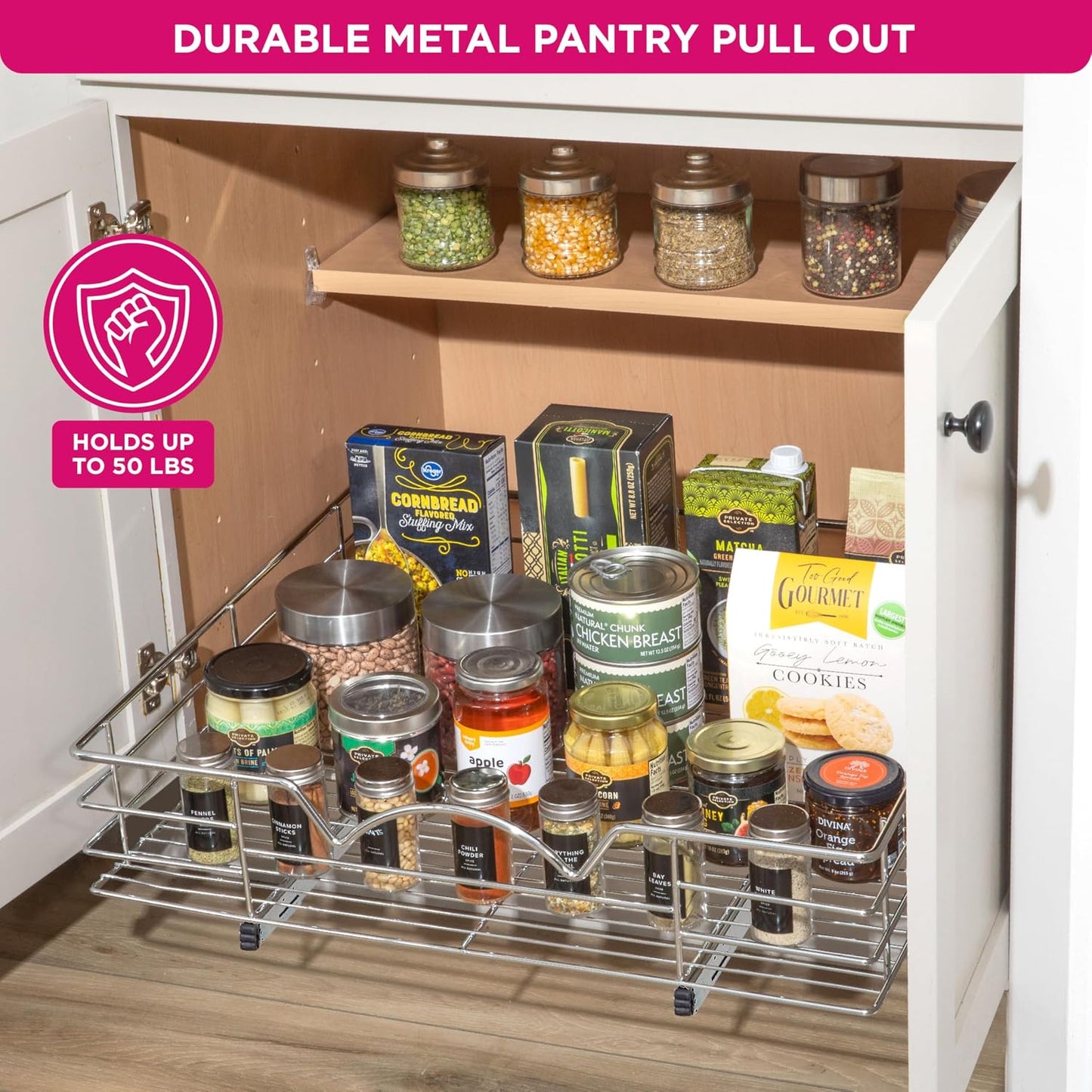 HOLDN’ STORAGE Pull Out Cabinet Organizer, Pantry Drawer, 14"W x 21"D x 5"H | Heavy-Duty Full-Extension, Roll Out Shelf for Pots, Pans & Under Sink Storage, Chrome, Require a 15.25"W Cabinet Opening