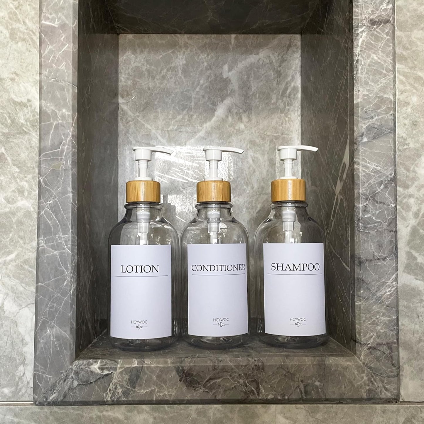 3 Pack Wall Mount Shower Dispenser, No Drill, 16 Waterproof Labels | Shampoo Dispenser for Shower Wall, Shampoo and Conditioner Dispenser, Bathroom, 17oz, Gold Amber