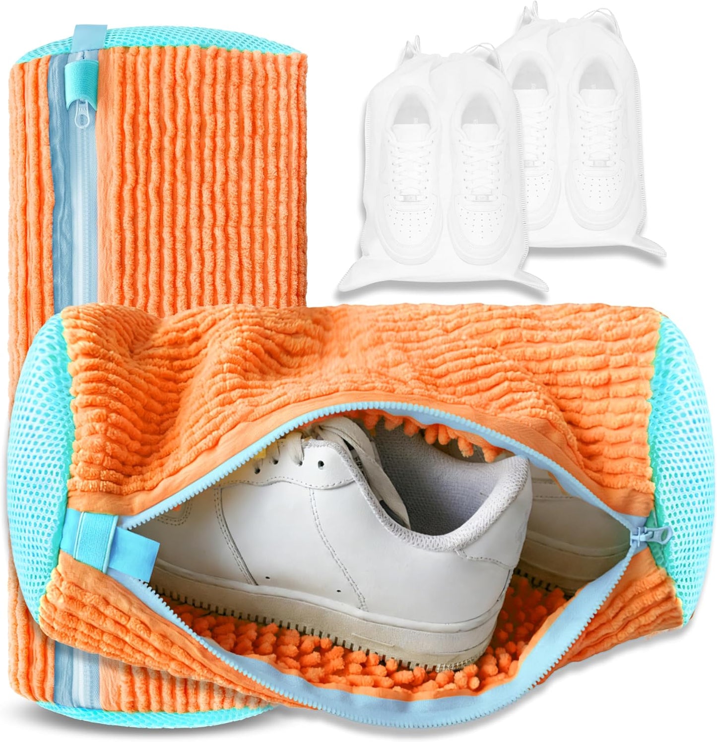 Reusable Shoe Washing Bag, 2-Pack Chenille Laundry Bag for Washer & Dryer. | Soft chenille fibers help deep clean sneakers while the hidden zipper keeps shoes secure and helps protect your washer.