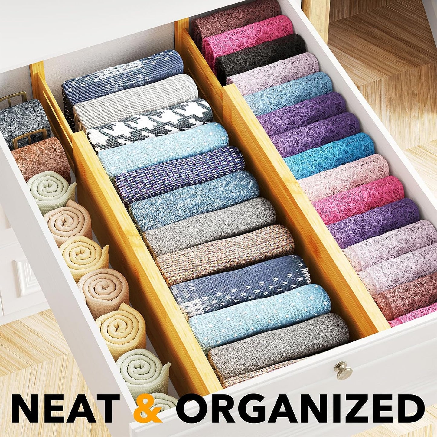 SpaceAid Bamboo 4 Pack Dresser Drawer Dividers, 4.65“ High Adjustable 12.5“-17” Drawer Organizers, Expandable Organization for Clothing, Clothes, Dressers, Black