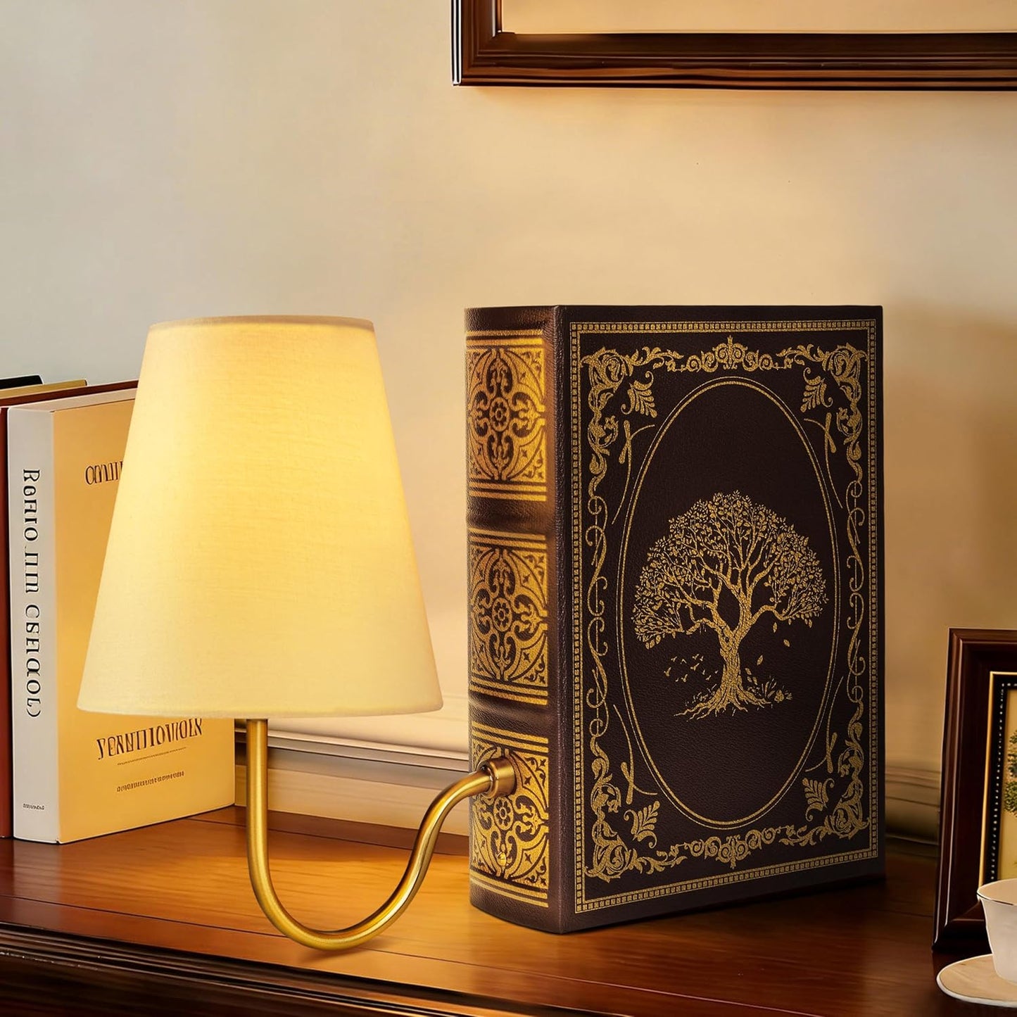 AELS Solid Wood Bookshelf Lamp with Bulb, Cordless Rechargeable Touch Dimmable Table Lamp with Linen Fabric Shade, Modern Decorative Bookend Lamp for Bedroom, Office & Bookshelf Decor, Dark Brown