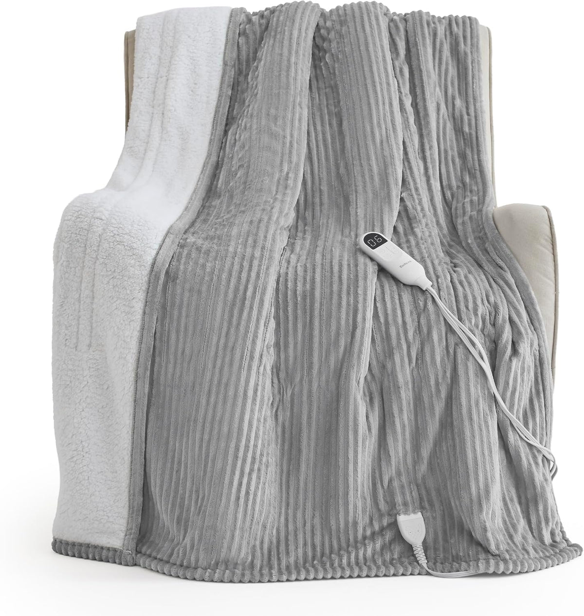 Bedsure GentleSoft Heated Blanket Throw - Soft Ribbed Flannel Electric Blanket, Gifts for Grandma (50x60 inches, Grey)