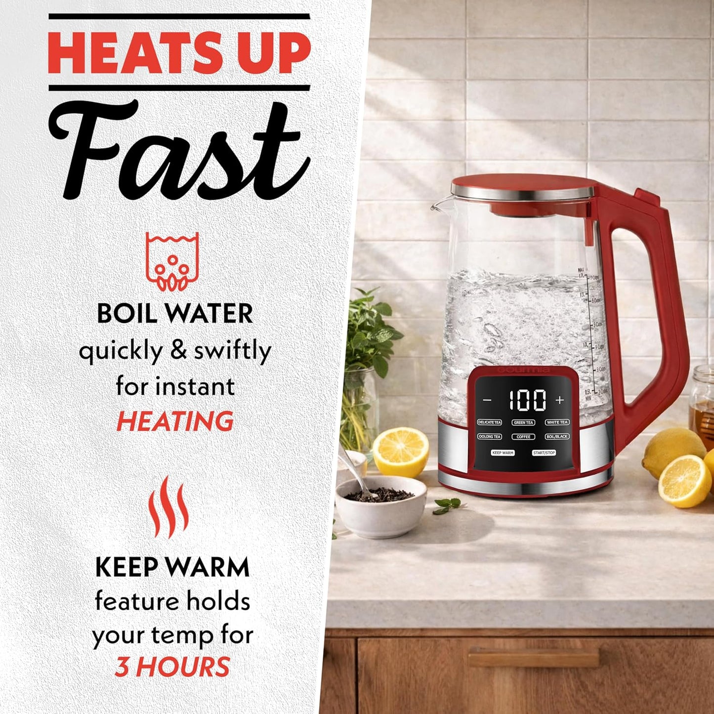 Gourmia Electric Glass Kettle – 1.7L Programmable Tea & Coffee Brewer with Digital Touch Display, 6 Presets, Removable Stainless Steel Infuser, Cordless with 360° Swivel Base, Black