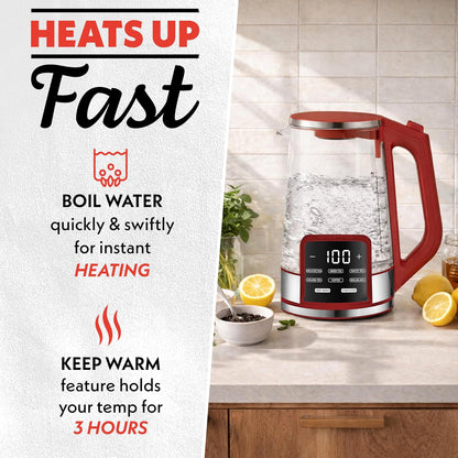 Gourmia Electric Glass Kettle – 1.7L Programmable Tea & Coffee Brewer with Digital Touch Display, 6 Presets, Removable Stainless Steel Infuser, Cordless with 360° Swivel Base, Black