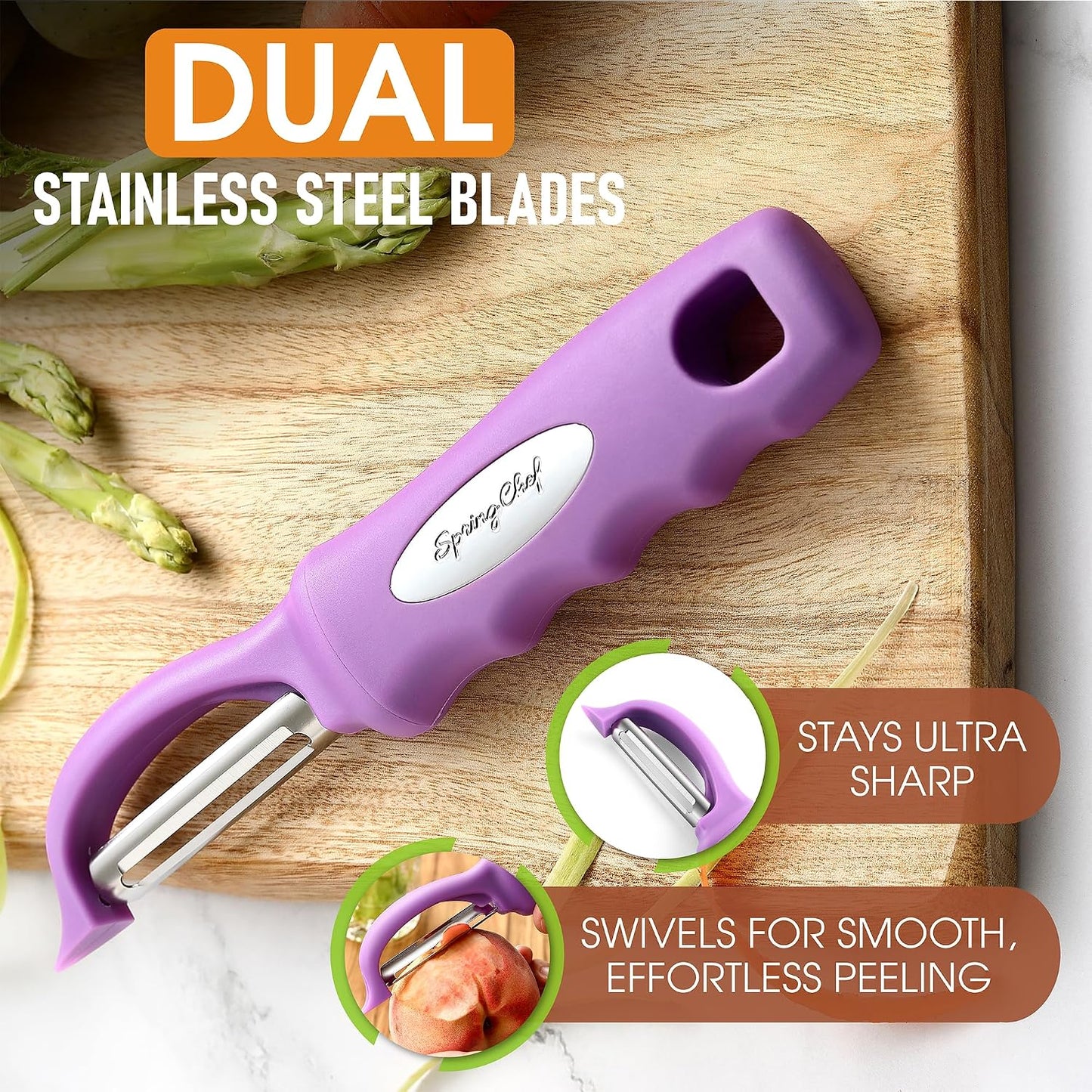 Spring Chef Swivel Potato Peeler for Kitchen w/ Soft Grip Handle, Mango | Premium Vegetable Peeler w/ Sharp Stainless Steel Blades, Multifunctional Food Peeler for Apple, Carrot, Cucumber, Fruit