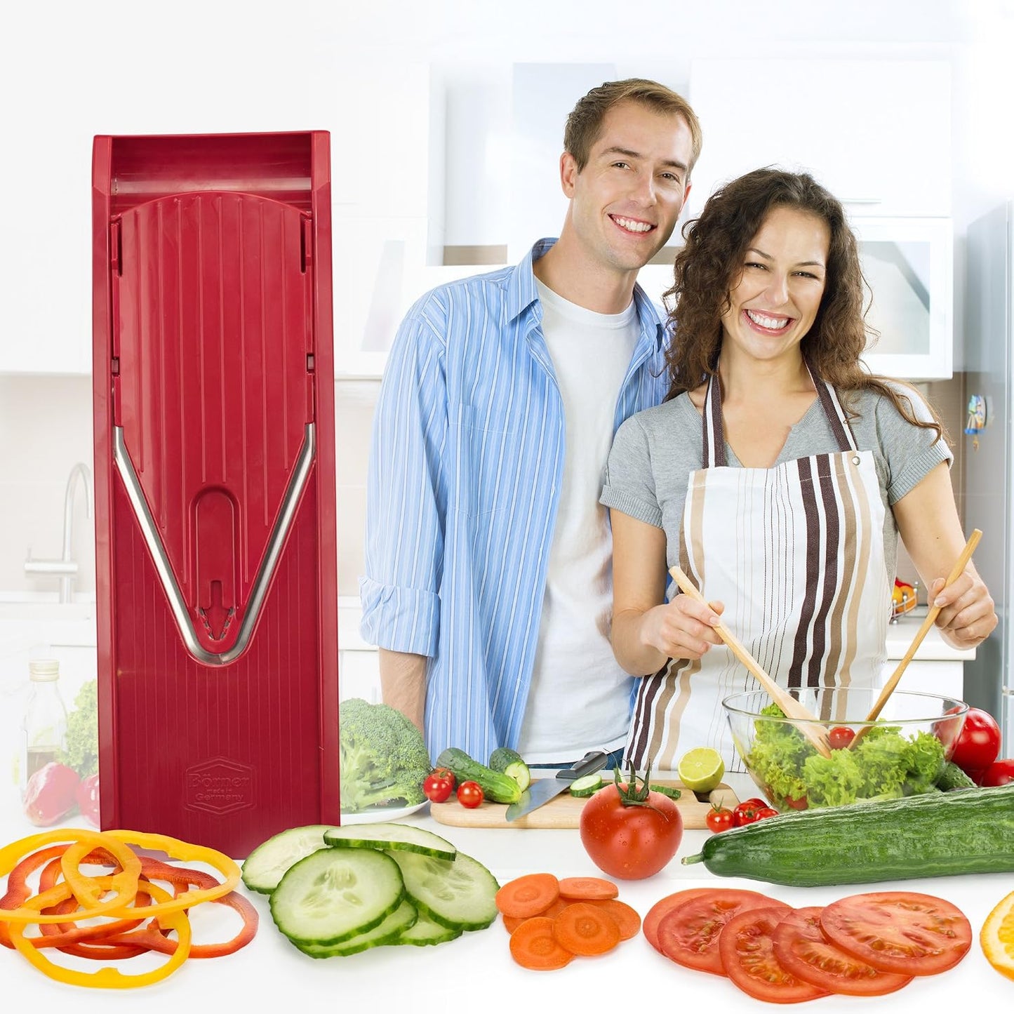Börner Mandoline Slicer V1 (Basis Set) • V-Slicer with 2 Inserts & Fruit Holder • Adjustable Kitchen Slicer for Vegetables & Fruits • Vegetable Cutter • 3 Thickness Settings • Color: Red