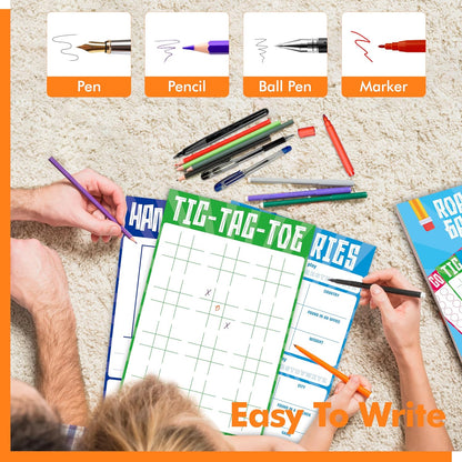 Road Trip Game Pad, 80 Perforated Sheets Travel Activity Pad, 5 Games in 1 Pad, Plane, Car Trip Activity, Pen Pencil & Paper Game for Kids, Adults (6” x 9”)
