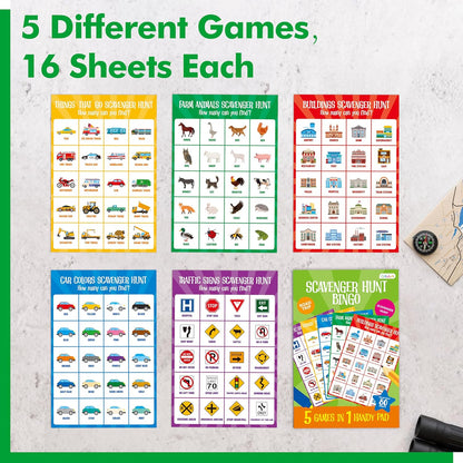 Road Trip Game Pad, 80 Perforated Sheets Travel Activity Pad, 5 Games in 1 Pad, Plane, Car Trip Activity, Pen Pencil & Paper Game for Kids, Adults (6” x 9”)