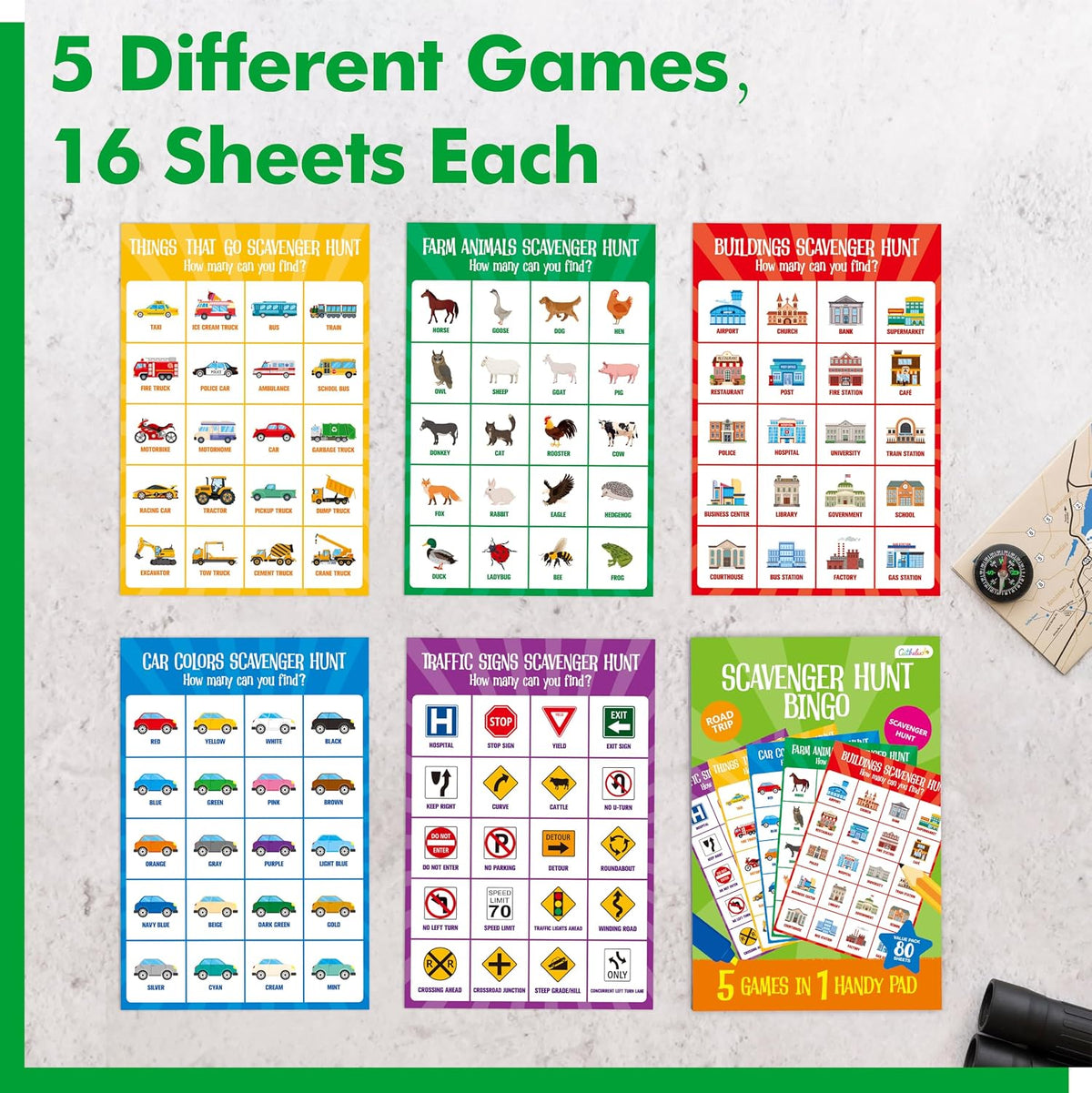 Road Trip Game Pad, 80 Perforated Sheets Travel Activity Pad, 5 Games in 1 Pad, Plane, Car Trip Activity, Pen Pencil & Paper Game for Kids, Adults (6” x 9”)