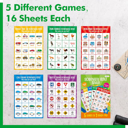 Road Trip Game Pad, 80 Perforated Sheets Travel Activity Pad, 5 Games in 1 Pad, Plane, Car Trip Activity, Pen Pencil & Paper Game for Kids, Adults (6” x 9”)
