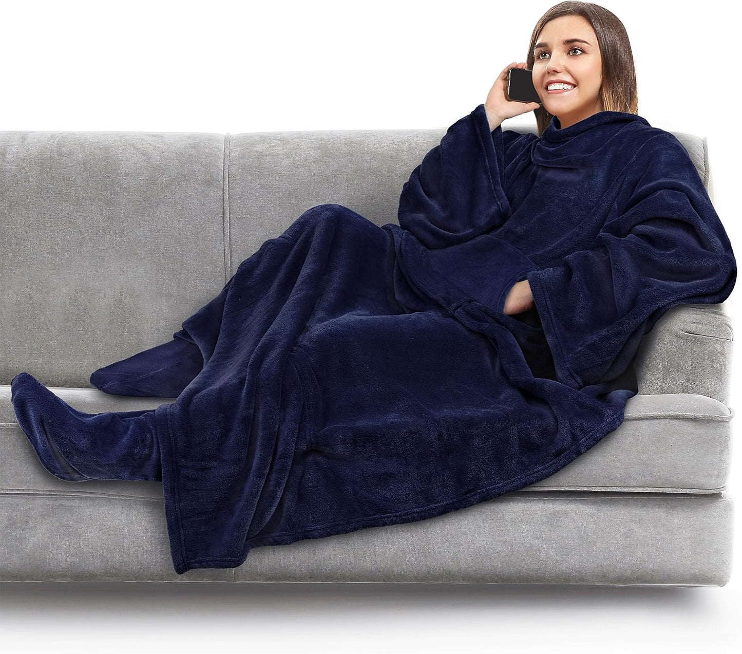PAVILIA Fleece Blanket with Sleeves, Foot Pockets for Women Men Adults, Plush Wearable Blanket Throw Wrap, Warm Snuggle Blanket Robe, Cozy Gift Ideas Wife Mom, Dark Purple