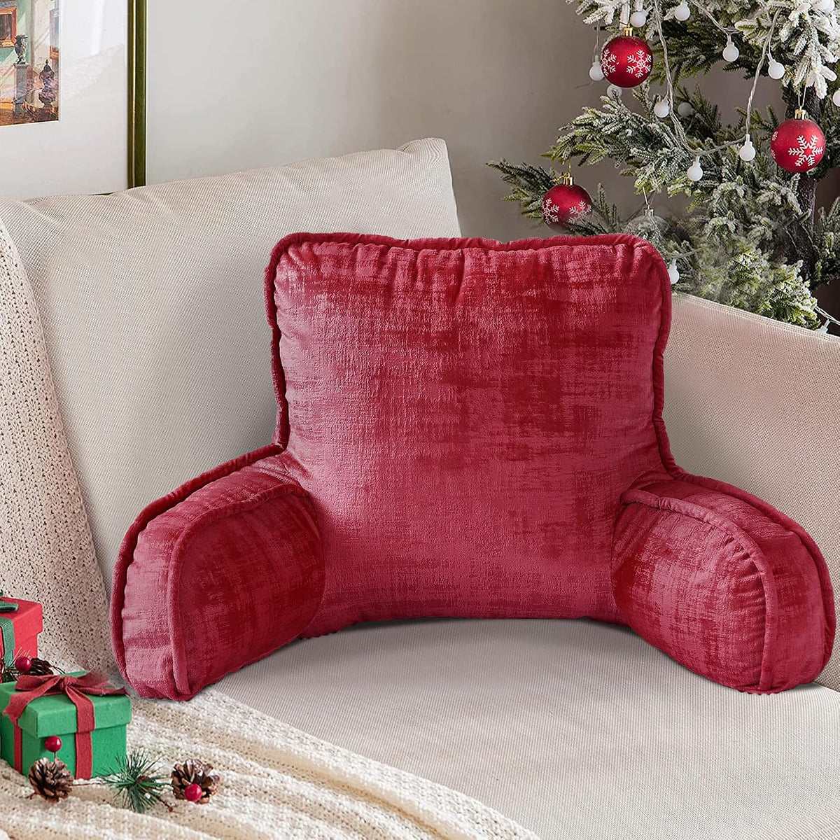 DIY Assembly Art Velvet Backrest Reading Bed Rest Pillow with Arms & Pockets, 18" H for Sitting in Bed Couch Sofa, Back Support Cushion with Removable Cover, 20"x18"x17", Aqua