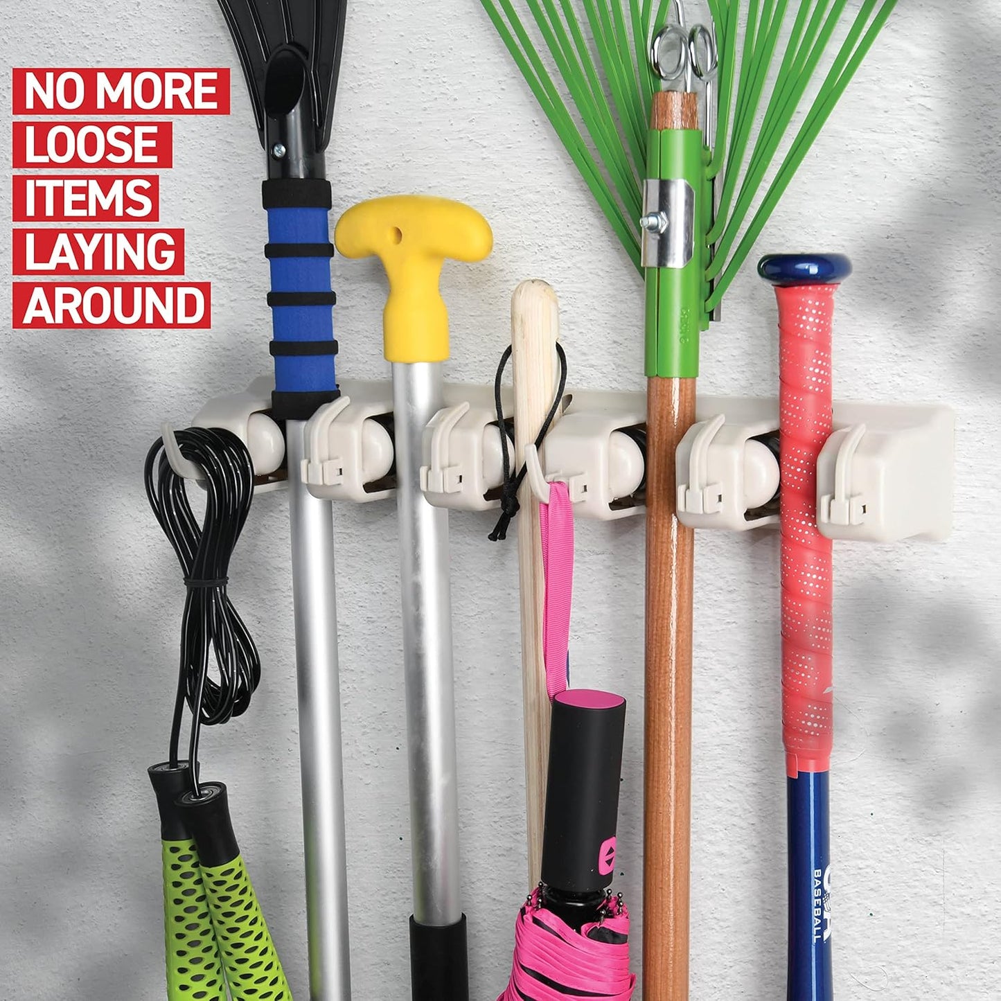 HOME IT Broom and Mop Holder Wall Mount – Heavy Duty Garage Organizer with 5 Slots & 6 Hooks, 7.5lbs Capacity Per Slot - Easy Install Storage Rack for Home, Kitchen, Laundry Room & Garden - Off-White