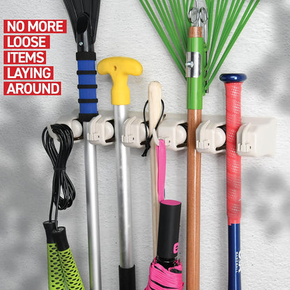 HOME IT Broom and Mop Holder Wall Mount – Heavy Duty Garage Organizer with 5 Slots & 6 Hooks, 7.5lbs Capacity Per Slot - Easy Install Storage Rack for Home, Kitchen, Laundry Room & Garden - Off-White