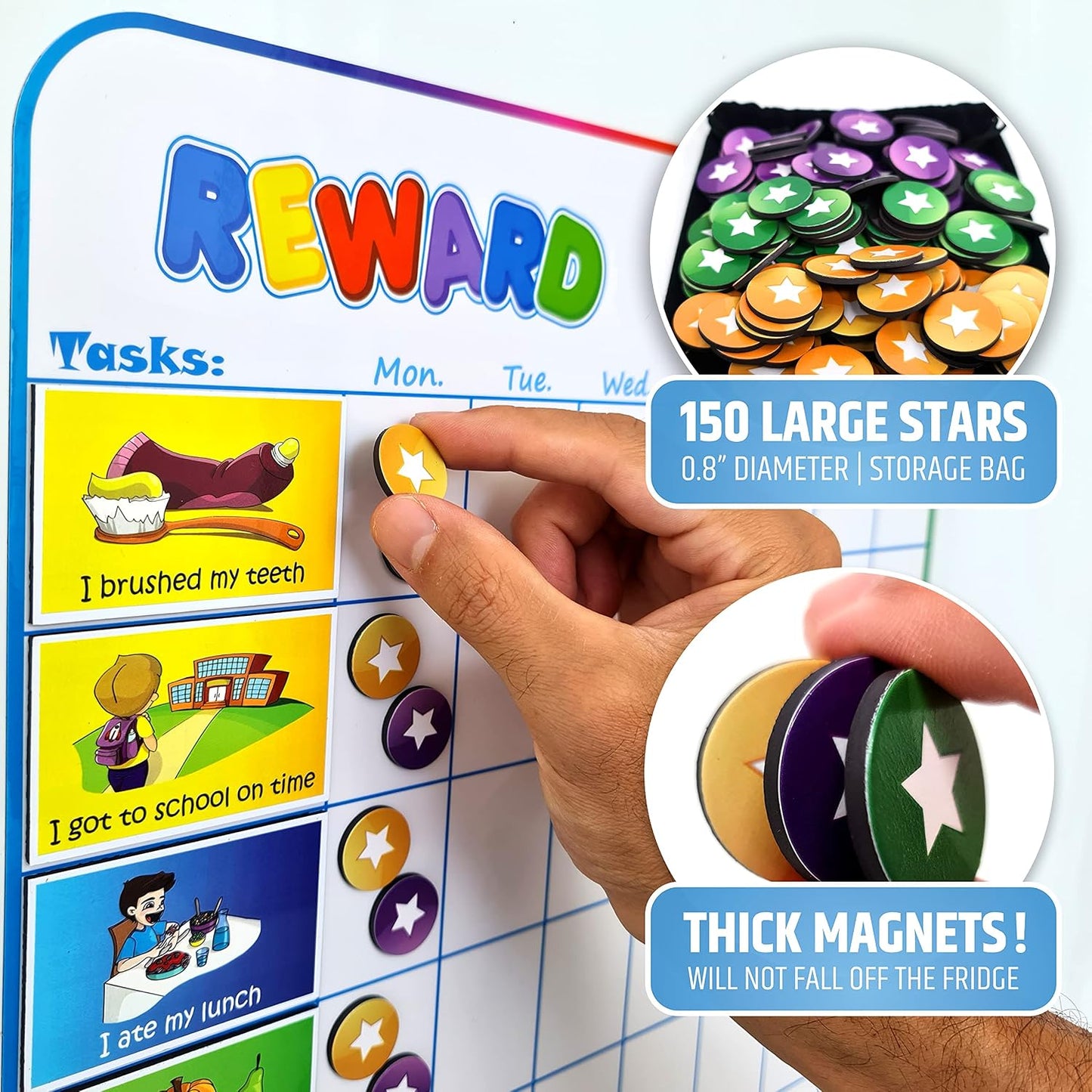Large Magnetic Reward Chart for Kids - 127 Pre-Written Stickers (Including Potty Training) + 30 Customizable Chores - Behavior, Responsibility & Incentive Routine Star Chart for Fridge (1 Kid Version)
