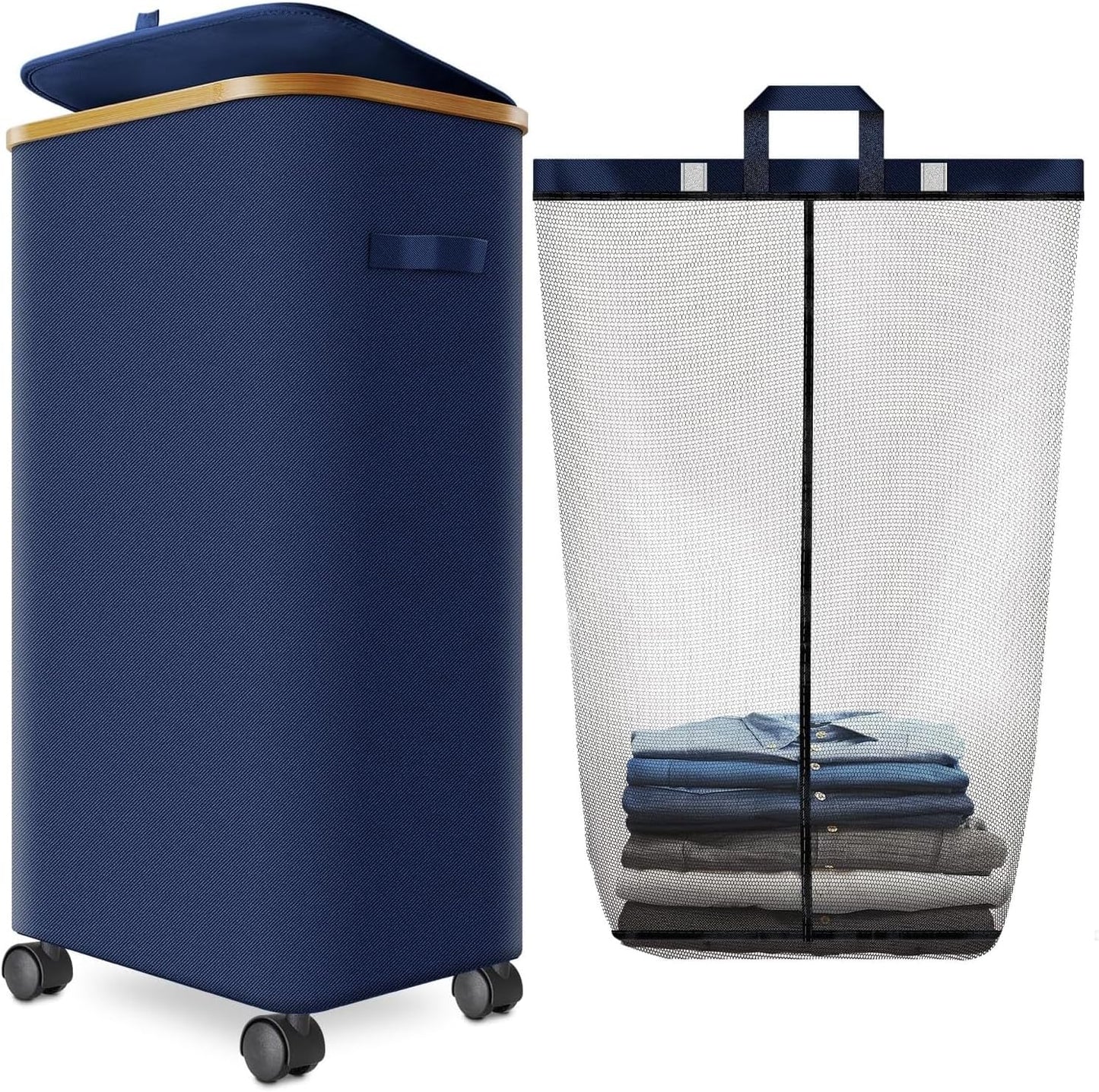 Double Laundry Basket with Wheels and Lid, 150L Clothes Hampers for Laundry | Large Laundry Hamper with 2 Sections & Removable Liner Bags, Rolling Dirty Clothes Basket for Bedroom Bathroom Dorm College