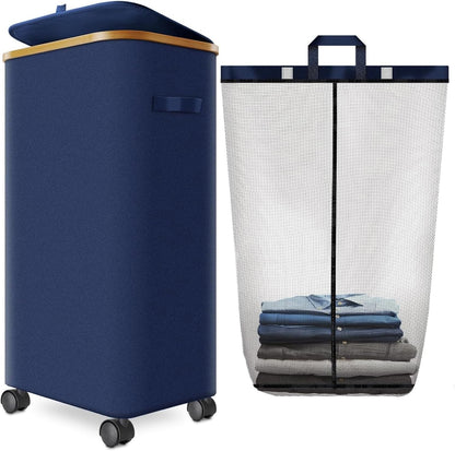 Double Laundry Basket with Wheels and Lid, 150L Clothes Hampers for Laundry | Large Laundry Hamper with 2 Sections & Removable Liner Bags, Rolling Dirty Clothes Basket for Bedroom Bathroom Dorm College