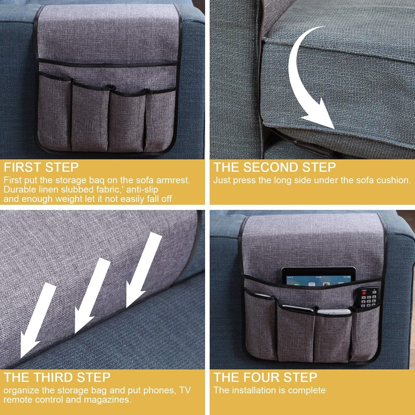 Sofa Armrest Organizer Non-Slip Remote Control Holders for Recliner Couch Chair Armchair Caddy with 5 Pockets for Table,Cell Phone,Ipad,Magazines,Books (Black, 13 x 35 Inch)