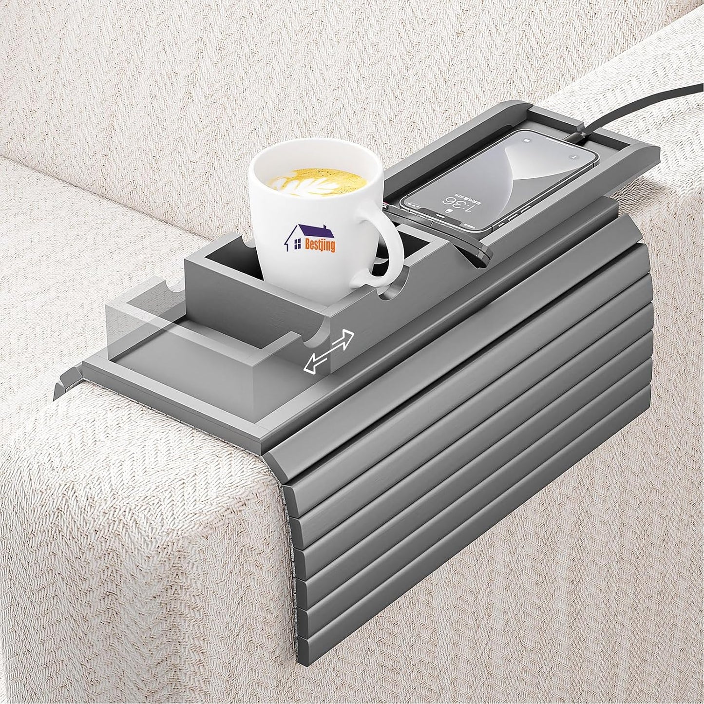 Bestjing Bamboo Sofa Armrest Tray - Couch Arm Tray with Detachable Couch Cup Holder - 2 in 1 Anti-Slip Foldable Sofa Armchair Caddy Table for Drinks Cellphone TV Remote Snacks