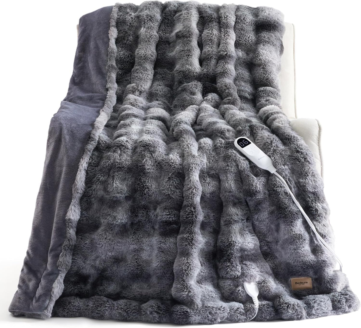 Bedsure Heated Blanket Electric Throw - Thick Striped Fast Heating Electric Blanket with Preheat Function, 6 Heat & 6 Timer (Up to 10H), 8H Auto Off, ETL Certified, Gifts for Women (50"x60", White)