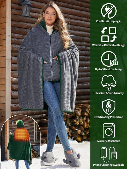 PETREL Wearable Heated Shawl Poncho Blanket,3 Heat Sets | Cordless Heated Throw Blanket,Battery Operated, Sherpa Lining Portable Electric Wrap Hoodie for Car,Indoor,Camping,Picnic