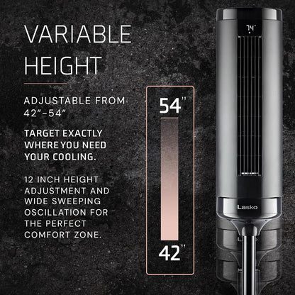 Lasko Elevation Tower Fan for Bedroom, Office, and Living Room - 42”-54” Adjustable Height Cooling with 31 ft/s Airflow and 90° Oscillation- Quiet 28 dB Operation - Remote Control - Black