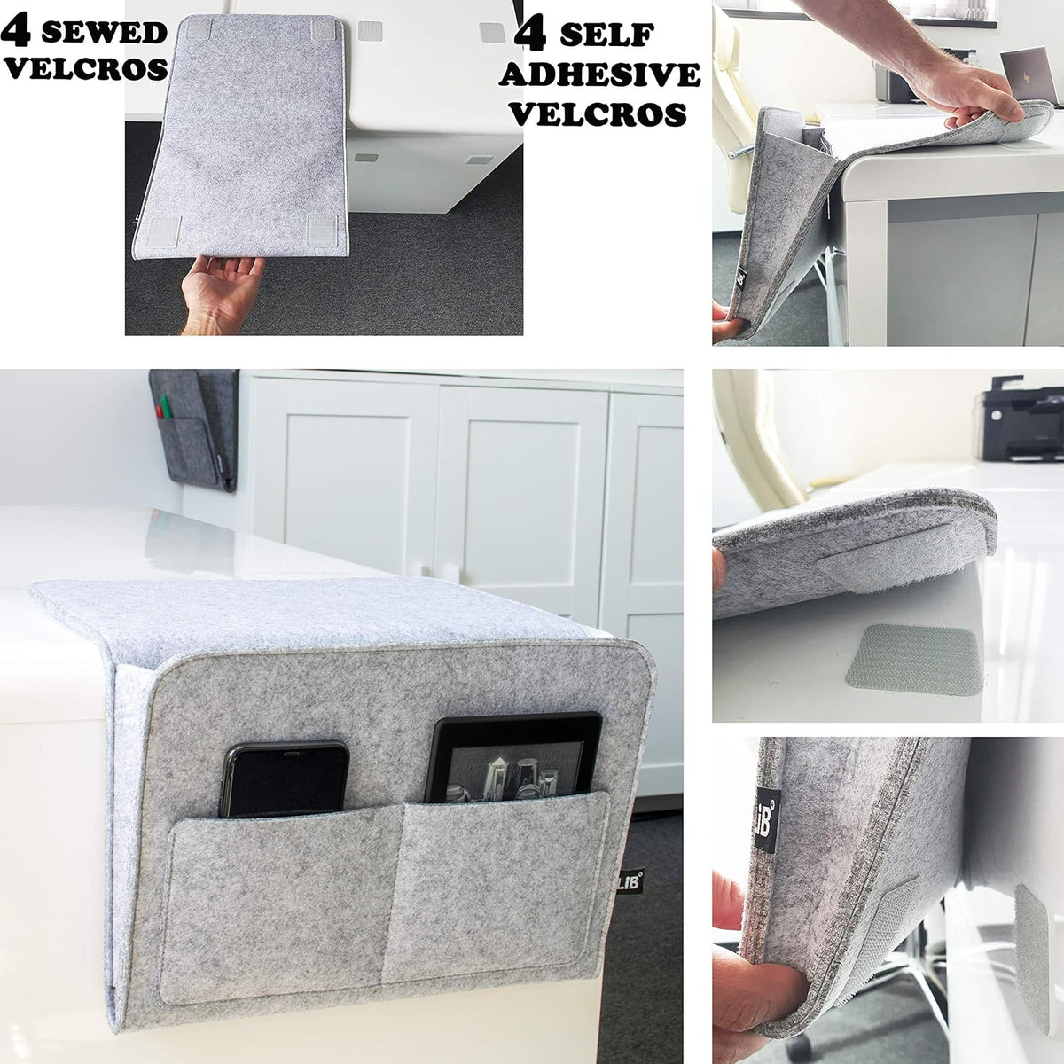 Lib Bedside Caddy, Original Design | Large Size 9.5" x 13.5" | Laptop Holder | 100% Handmade | College Room, Kids Bunk Bed, Hospital Bed | Night Hanging Storage Organizer (Light Gray)