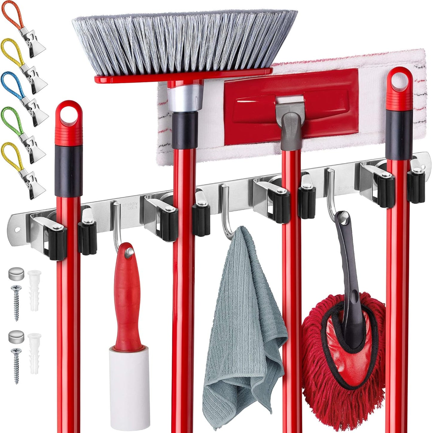 Wall Mount Hanger for Brooms & Mops - Adhesive Stainless Steel Mops & Broom Holder, 4 Clamps, 3 Hooks, & 5 Towel Hanger Clips Including Mounting Hardware for Utility Room Organization