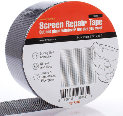 by.RHO Screen Repair Tape – Strong Self-Adhesive Window & Screen Door Repair Kit, Fiberglass Screen Patch 2"×33ft, Easy Cut and Apply, Indoor-Safe Adhesive, All-Weather (Black)