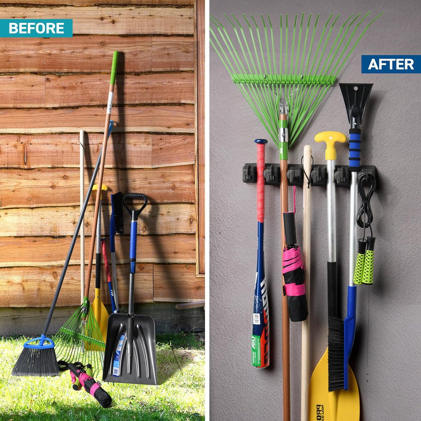 HOME IT Broom and Mop Holder Wall Mount – Heavy Duty Garage Organizer with 5 Slots & 6 Hooks, 7.5lbs Capacity Per Slot - Easy Install Storage Rack for Home, Kitchen, Laundry Room & Garden - Off-White