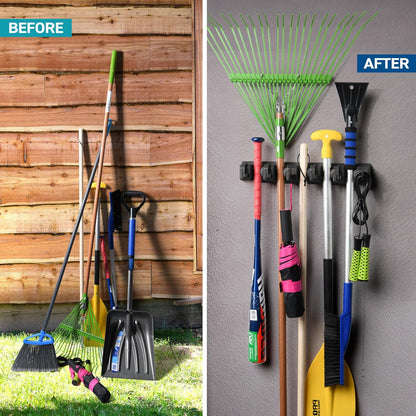 HOME IT Broom and Mop Holder Wall Mount – Heavy Duty Garage Organizer with 5 Slots & 6 Hooks, 7.5lbs Capacity Per Slot - Easy Install Storage Rack for Home, Kitchen, Laundry Room & Garden - Off-White