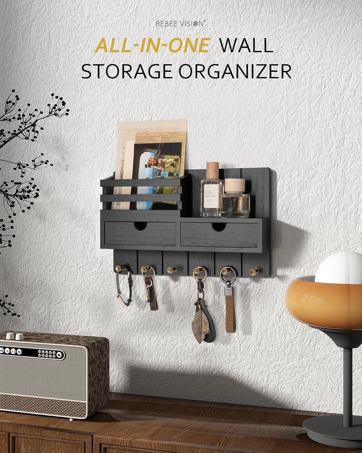 Rebee Vision Key Holder Wall Mount with Shelf for Entryway, Distressed Blue | Modern Mail Organizer, 6 Key Hooks, 2 Drawer Organizer, Key Hanger Home Decor Aesthetic, Apartment Storage Essentials