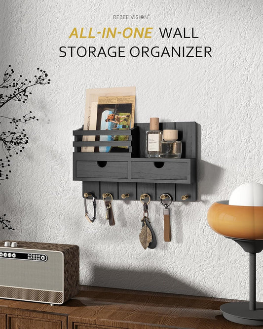 Rebee Vision Key Holder Wall Mount with Shelf for Entryway, Distressed Blue | Modern Mail Organizer, 6 Key Hooks, 2 Drawer Organizer, Key Hanger Home Decor Aesthetic, Apartment Storage Essentials