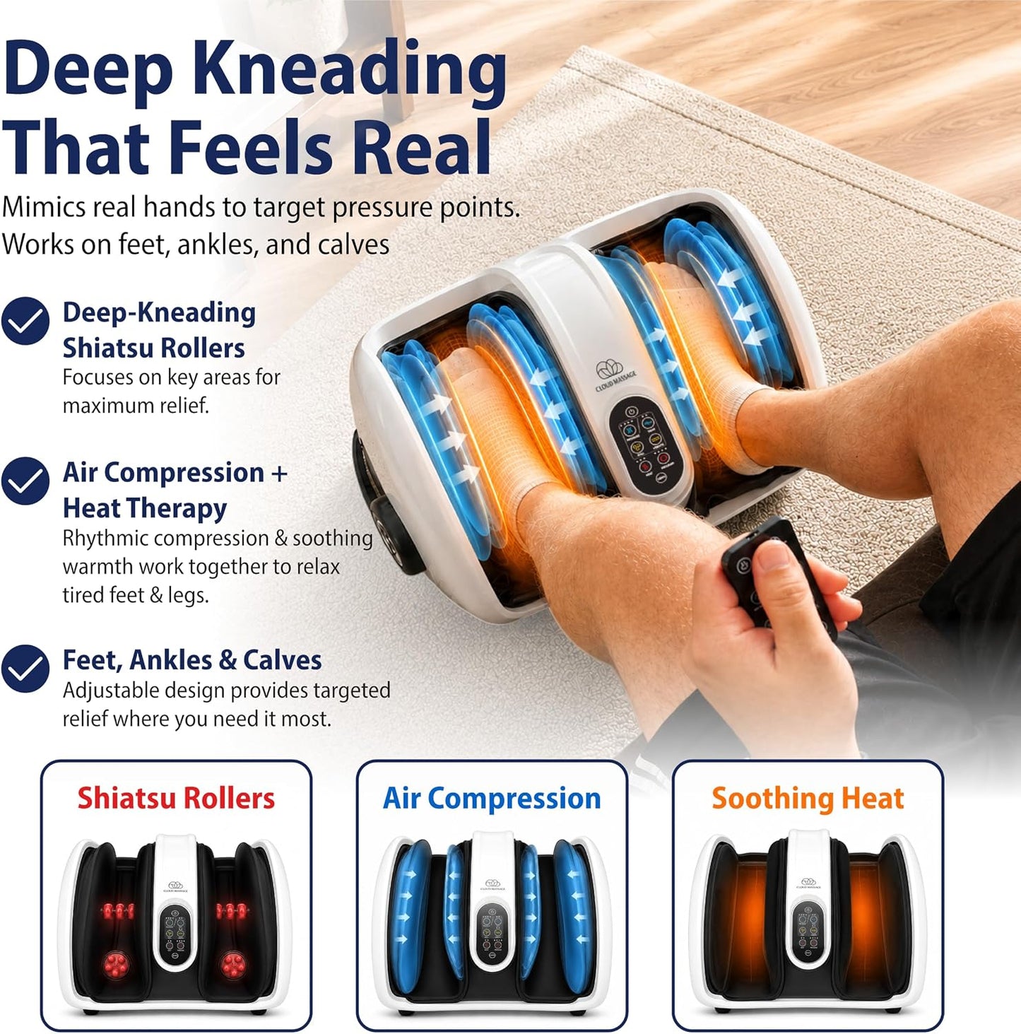 Shiatsu Foot Massager with Heat, Standard Size, White | Deep Kneading & Compression, Adjustable Intensity, Multi-Mode Leg and Foot Massager with Remote Control, Anti-Slip Base
