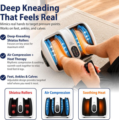 Shiatsu Foot Massager with Heat, Standard Size, White | Deep Kneading & Compression, Adjustable Intensity, Multi-Mode Leg and Foot Massager with Remote Control, Anti-Slip Base