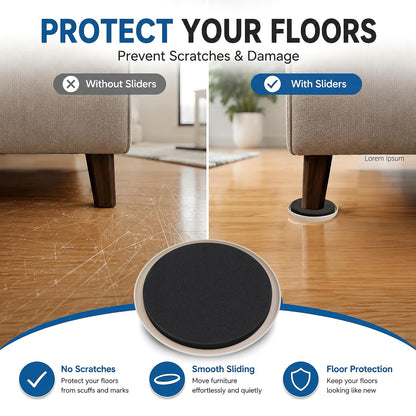 Furniture Sliders 8pcs 3 1/2 inch - Heavy Duty Reusable Round Sliders for Moving Furniture on Carpet, Easily Move Couches/Beds/Armoires/Chair/Table/Cabinet