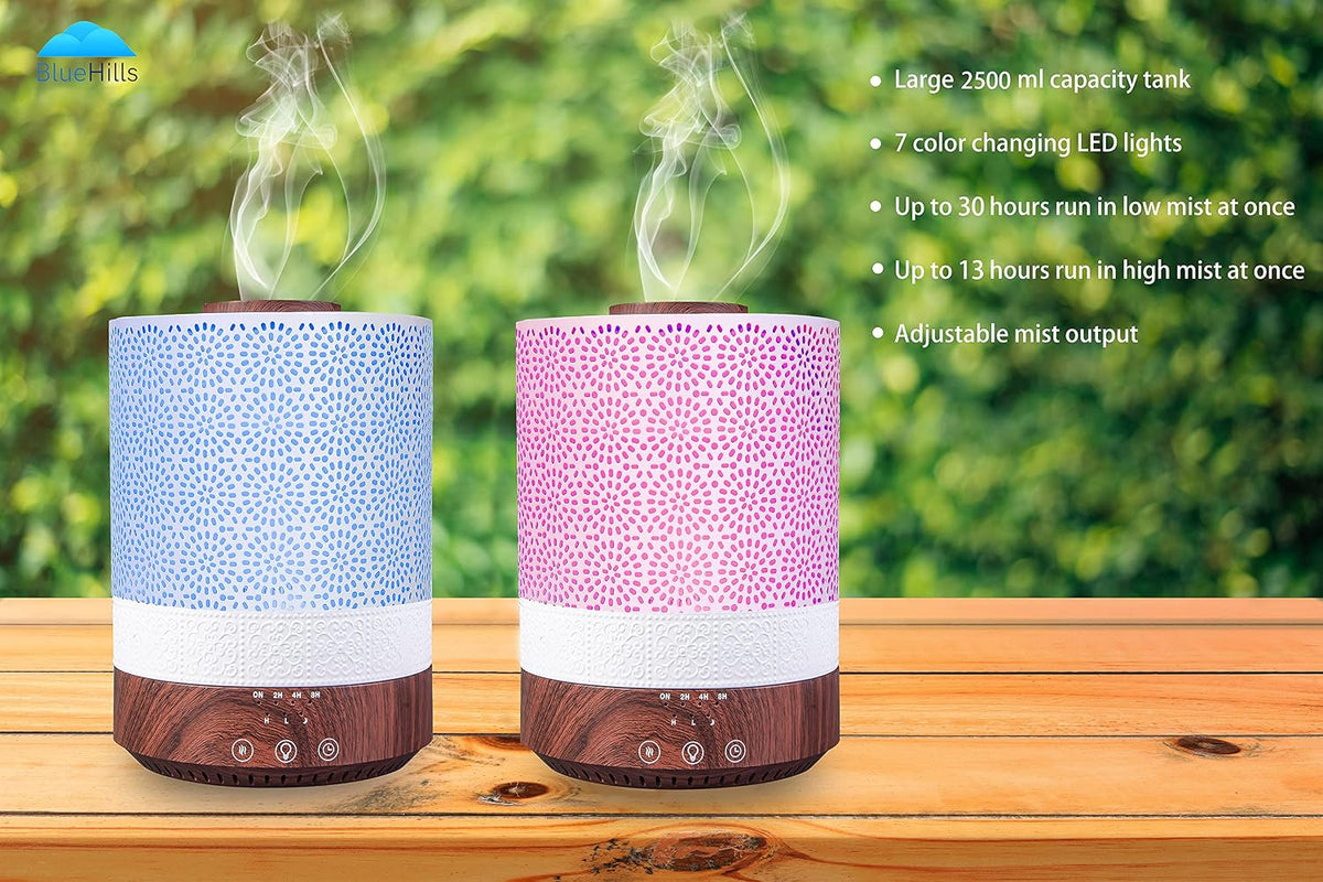 BlueHills 2500 ML Humidifier with Essential Oil Diffuser Combo Aroma Home Décor Design for Large Bed Bath Kids Baby Living Rooms Big Capacity LED Lights Scent Ultrasonic Cool Mist Wood Grain F006