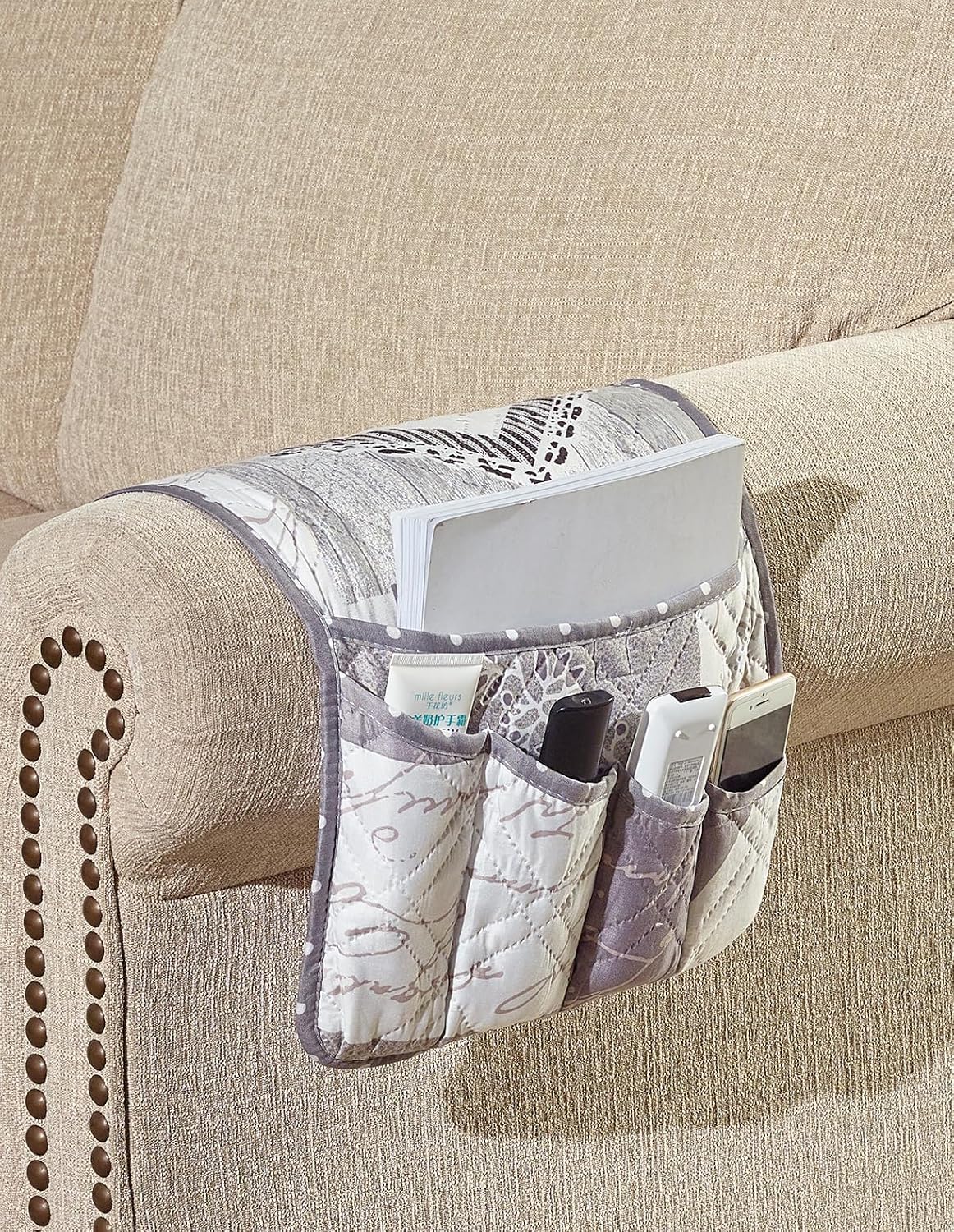 Brilliant Sunshine Burgundy Toile Floral Couch Armrest Cover, 35"×13" | Washable Magazine Holder, Armrest Organizer & Caddy on Sofa, Recliner, Armchair, Storage for Remote Controls, Phone, iPad