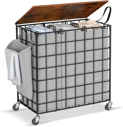 90L Laundry Basket with Wheels, Large Capacity Laundry Hamper with Removable Liner Bags, Heavy Duty Laundry Sorter with Solid Wood Lid & Leather Handles, Grey