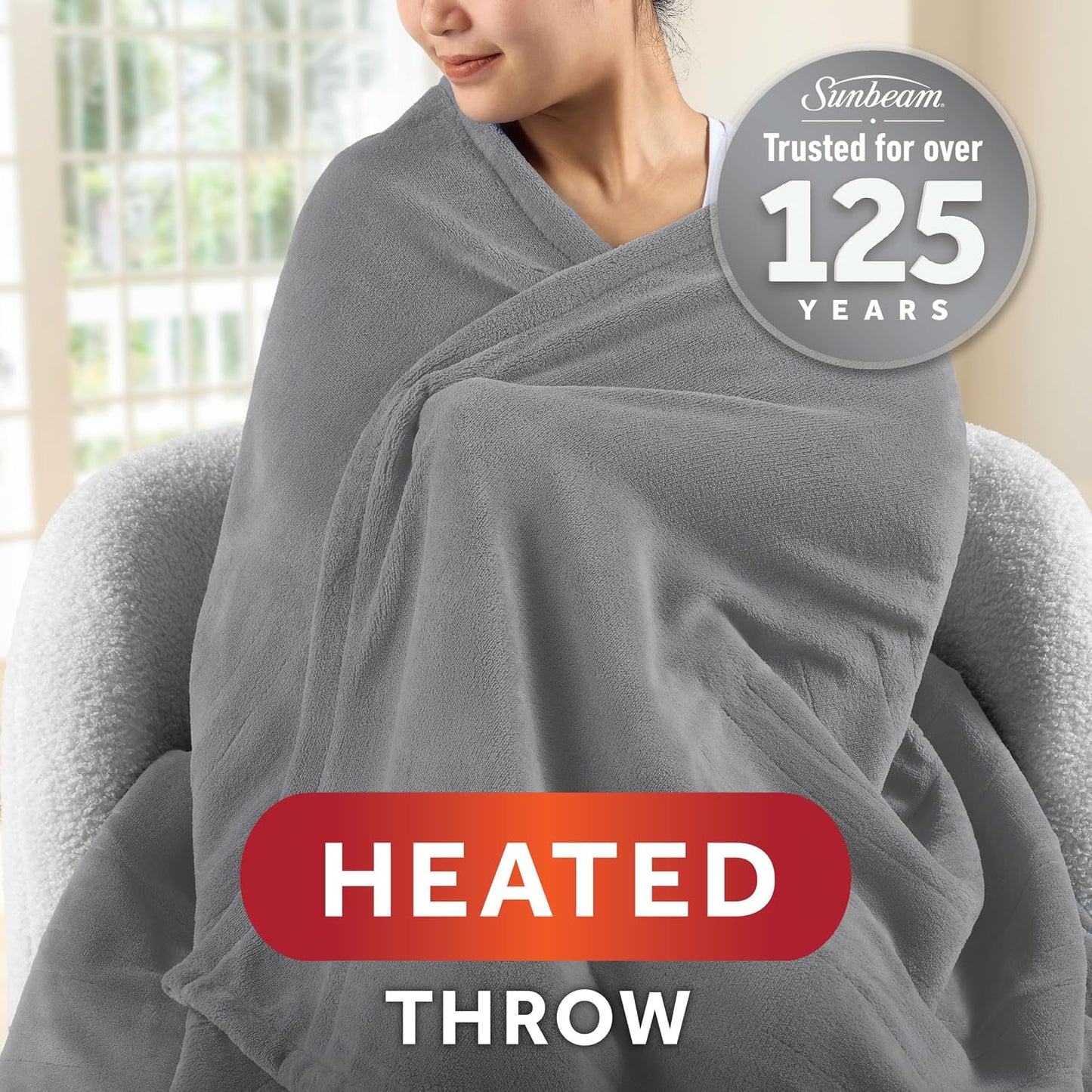 Sunbeam Royal Posh Dove Grey Heated Personal Throw / Blanket, Cozy-Warm, Adjustable Heat Settings