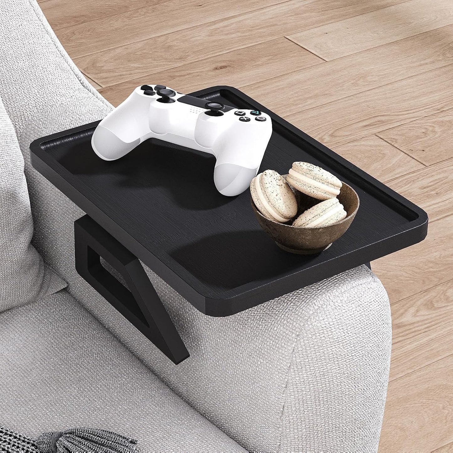 Couch Arm Tray,Bamboo Folding Sofa Tray,Sofa Armrest Trays Clip-On Couch Desk for Drinks,Snacks,Phone,Remote Control（Black）