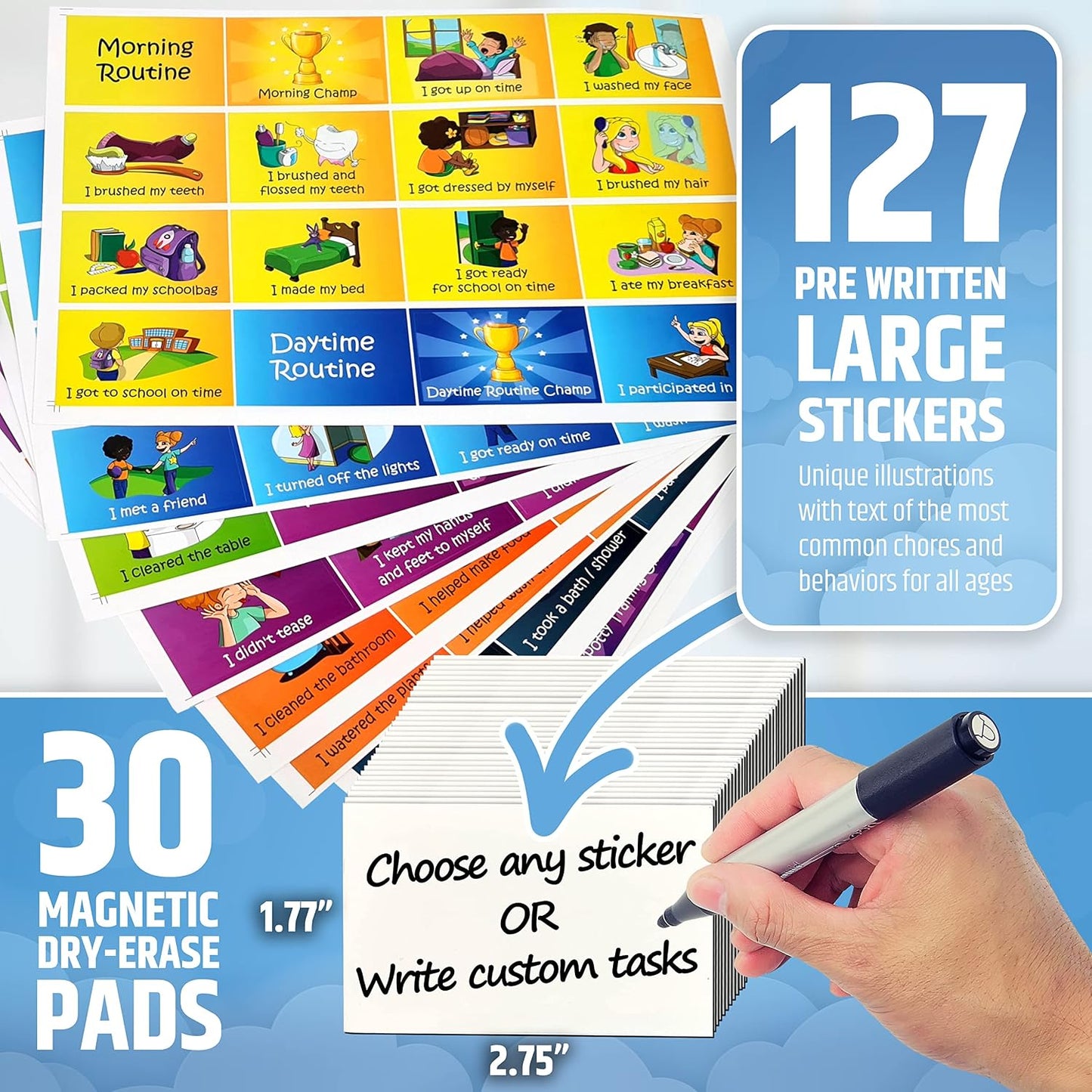 Large Magnetic Reward Chart for Kids - 127 Pre-Written Stickers (Including Potty Training) + 30 Customizable Chores - Behavior, Responsibility & Incentive Routine Star Chart for Fridge (1 Kid Version)
