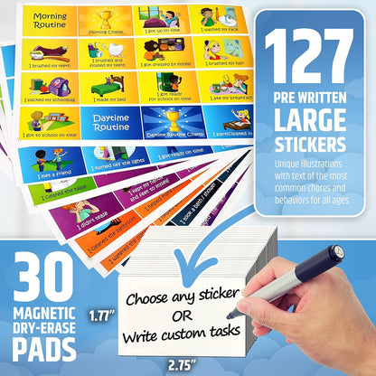 Large Magnetic Reward Chart for Kids - 127 Pre-Written Stickers (Including Potty Training) + 30 Customizable Chores - Behavior, Responsibility & Incentive Routine Star Chart for Fridge (1 Kid Version)
