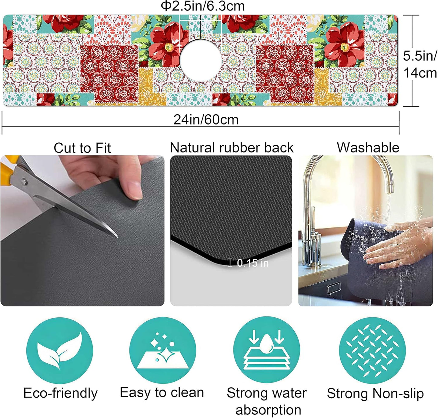Kitchen Sink Splash Guard Faucet Mat Super Absorbent Fast Drying Mat Sink Gadgets Splash Guard Behind Faucet Drip Catcher for Kitchen (Pink Red Roses Floral, 23.5x5.5in)